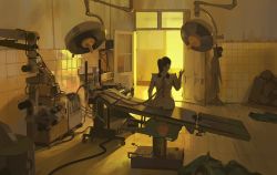 Rule 34 | 1girl, backlighting, black hair, blurry, commentary, dark, door, from behind, gas mask, hand up, hose, indoors, lab coat, light, long hair, mask, operating table, original, ponytail, scenery, science fiction, sitting, sketch, snatti, solo, subdermal port, table