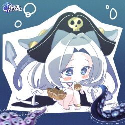 1girl artist_name azur_lane blue_eyes chibi dolphin_(azur_lane) eating food hat logo parted_bangs pirate_hat signature solo suction_cups takemi_mochi takoyaki tentacles white_hair