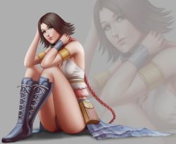 Rule 34 | 00s, 1girl, ass, audia pahlevi, boots, brown hair, final fantasy, final fantasy x, final fantasy x-2, heterochromia, knees up, looking at viewer, ponytail, short hair, sitting, solo, yuna