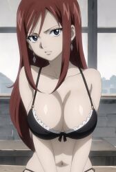 Rule 34 | 1girl, breasts, cleavage, ear piercing, earrings, erza scarlet, fairy tail, jewelry, large breasts, looking at viewer, piercing, red hair, solo