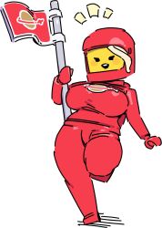 Rule 34 | 1girl, blonde hair, blush, bodysuit, breasts, colored skin, flag, full body, helmet, highres, holding, holding flag, large breasts, lego minifig, looking at viewer, meen, notice lines, open mouth, red bodysuit, red helmet, running, skin tight, smile, solo, spacesuit, the lego group, white background, yellow skin