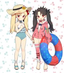 2girls :d ankle_ribbon barefoot black_hair black_tiara blonde_hair blush cherry cherry_background commentary deformed drawstring ereshkigal_(fate) fate/grand_order fate_(series) flower food frilled_one-piece_swimsuit frills fruit fruit_background full_body fur-trimmed_legwear fur_trim halterneck hand_on_own_chest hat hat_flower highres holding holding_swim_ring hood hood_down hooded_jacket innertube ishtar_(fate) ishtar_(swimsuit_rider)_(fate) jacket kabutomushi_s leg_ribbon leggings long_hair long_sleeves looking_at_viewer multiple_girls one-piece_swimsuit open_mouth parted_bangs pink_jacket pink_leggings red_eyes ribbon sandals signature single_detached_legging smile space_ereshkigal_(fate) space_ereshkigal_(first_ascension)_(fate) standing strapless strapless_one-piece_swimsuit sun_hat swim_ring swimsuit symbol-only_commentary tiara twintails two-tone_one-piece_swimsuit white_fur white_one-piece_swimsuit