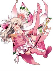 Rule 34 | 1girl, ascot, bare shoulders, blonde hair, boots, child, collar, cover, dvd cover, earrings, elbow gloves, fate/kaleid liner prisma illya, fate (series), feather hair ornament, feathers, flower, full body, gloves, hair ornament, highres, hiroyama hiroshi, holding, holding wand, illyasviel von einzbern, jewelry, kaleidostick, layered gloves, layered skirt, leg up, long hair, looking at viewer, magical girl, official art, open mouth, pink footwear, prisma illya, red eyes, second-party source, skirt, sleeveless, smile, solo, star (symbol), stud earrings, thigh boots, thigh strap, thighhighs, wand, zettai ryouiki