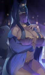 Rule 34 | 1girl, blue hair, blunt ends, bracelet, breasts, brown eyes, female focus, furry, furry female, harem outfit, highres, hood, huge breasts, jewelry, legs together, mouth veil, navel, necklace, original, see-through, sidelocks, sitting, solo, suurin (ksyaro), tail, veil