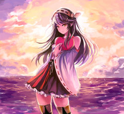 Rule 34 | 10s, 1girl, bird, black hair, box, brown eyes, candy, chocolate, chocolate heart, cloud, food, gift, gift box, hairband, haruna (kancolle), heart, heart-shaped box, holding, japanese clothes, kantai collection, long hair, looking at viewer, nontraditional miko, nr noir, skirt, sky, solo, thighhighs, valentine, water, wide sleeves