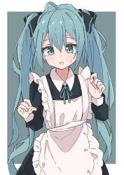 Rule 34 | 1girl, alternate costume, apron, black dress, blue eyes, blue hair, blue ribbon, blush, collared dress, dress, enmaided, frilled apron, frills, grey background, hair between eyes, hands up, hatsune miku, highres, long hair, long sleeves, looking at viewer, maid, maid apron, maud0239, neck ribbon, open mouth, ribbon, solo, sweat, twintails, two-tone background, very long hair, vocaloid, white apron, white background
