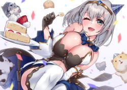 Rule 34 | 1girl, birthday, birthday cake, breasts, breasts squeezed together, cake, cleavage, commentary request, confetti, food, fruit, green eyes, hamster, hat, hololive, large breasts, open mouth, otk, party hat, shirogane noel, silver hair, strawberry, strawberry shortcake, virtual youtuber