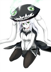 Rule 34 | 10s, 1girl, abyssal ship, bodysuit, cape, gloves, green eyes, hat, highres, kantai collection, long hair, mi ti, simple background, sitting, solo, tentacles, wariza, white background, white hair, wo-class aircraft carrier