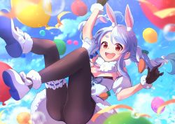 Rule 34 | 1girl, :d, absurdres, animal ear fluff, animal ears, ass, balloon, black gloves, black pantyhose, blue hair, blue sky, blurry, blurry foreground, braid, breasts, bridal garter, bubble, carrot, carrot hair ornament, cloud, cloudy sky, day, depth of field, dress, eriko (nakaeri gogo), floating, food-themed hair ornament, fur-trimmed dress, fur-trimmed footwear, fur-trimmed gloves, fur scarf, fur trim, gloves, hair ornament, highres, hololive, long hair, looking at viewer, multicolored hair, off-shoulder dress, off shoulder, open mouth, outdoors, pantyhose, rabbit ears, rabbit girl, red eyes, scarf, short dress, short sleeves, shorts, sky, small breasts, smile, solo, sparkle, swept bangs, thick eyebrows, twin braids, twintails, two-tone hair, usada pekora, usada pekora (1st costume), virtual youtuber, white dress, white hair, white scarf, white shorts