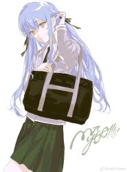 Rule 34 | 1girl, absurdres, bag, bang dream!, bang dream! it&#039;s mygo!!!!!, black bag, black ribbon, blue hair, chinese commentary, closed mouth, collared shirt, commentary request, copyright name, green necktie, green skirt, hair ribbon, highres, long hair, long sleeves, necktie, pleated skirt, ribbon, school bag, shirt, shoulder bag, sidelocks, simple background, skirt, solo, togawa sakiko, tucking hair, weibo watermark, white background, white shirt, wigfire, yellow eyes