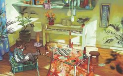 Rule 34 | 1girl, bass guitar, bottle, chair, chessboard, coffee table, cup, indoors, instrument, klegsart, mug, original, piano, plant, potted plant, scenery, sitting, slippers, solo, table, wooden floor