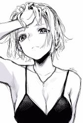 Rule 34 | 1girl, bra, breasts, bright pupils, closed mouth, greyscale, hand up, highres, jewelry, leo (reiga), looking at viewer, medium breasts, monochrome, necklace, original, reiga (act000), short hair, signature, simple background, solo, underwear, white background, white pupils