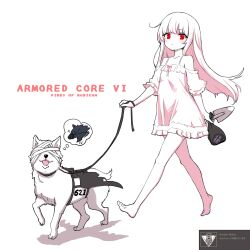 Rule 34 | 1girl, 621 (armored core 6), absurdres, armored core, armored core 6, ayre (armored core 6), barefoot, child, dog, dress, female focus, full body, handler walter (armored core 6), highres, leash, long hair, personification, red eyes, spade, standing, white dress, white hair