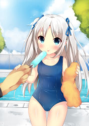 Rule 34 | 1girl, blue eyes, duji amo, food, highres, ice cream, licking, long hair, one-piece swimsuit, original, popsicle, pov, school swimsuit, silver hair, solo, swimsuit, towel, twintails, two side up, usagihime, water, wet