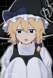 Rule 34 | 1girl, black background, black eyes, black hat, black vest, blonde hair, blue bow, bow, braid, commentary, cookie (touhou), frilled hat, frills, grid background, hair between eyes, hair bow, hat, hat bow, heart, highres, kikan gentei, kirisame marisa, long bangs, looking at viewer, open mouth, shirt, short hair, side braid, single braid, sleeves past fingers, sleeves past wrists, smile, solo, touhou, turtleneck, upper body, vest, white shirt, witch hat, yuuhi (cookie)