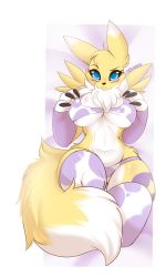 Rule 34 | 1girl, :&lt;, animal ears, animal hands, animal nose, artist name, bed sheet, black sclera, blue eyes, blush, border, bra, breasts, claws, closed mouth, colored sclera, cropped legs, dakimakura (medium), detached sleeves, digimon, digimon (creature), facial mark, female focus, fox ears, fox girl, fox tail, from above, furry, furry female, hands up, heart, highres, knee up, large breasts, light blush, lying, navel, nose blush, on back, outside border, panties, purple bra, purple panties, purple sleeves, purple thighhighs, raised eyebrow, renamon, signature, skindentation, solo, split mouth, stomach, tail, teranen, thick thighs, thighhighs, thighs, underboob, underwear, underwear only, white border, wide hips