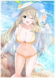 Rule 34 | 1girl, :d, beach, bikini, blue archive, breasts, flower, green eyes, halo, hat, hat flower, highres, jacket, kayoh0731, large breasts, light brown hair, midriff, nonomi (blue archive), nonomi (swimsuit) (blue archive), ocean, official alternate costume, one eye closed, open mouth, see-through, see-through jacket, smile, sun hat, swimsuit, tagme, water, white hat, wristband, yellow bikini