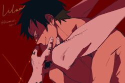 Rule 34 | 2boys, arm tattoo, black hair, blush, closed mouth, commentary request, demorzel, facial scar, hand on another&#039;s face, hand tattoo, highres, implied sex, legs up, looking at another, male focus, monkey d. luffy, multiple boys, nude, one piece, scar, scar on cheek, scar on face, short hair, smile, sweatdrop, tattoo, toned, toned male, trafalgar law, twitter username, yaoi