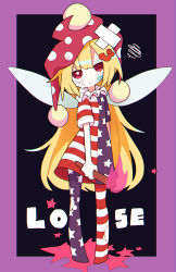 Rule 34 | 1girl, aida (aidia), american flag dress, american flag legwear, bandaid, bandaid on face, black background, blonde hair, chromatic aberration, clownpiece, fairy wings, fire, flower, hair ornament, hairclip, hat, highres, holding, jester cap, long hair, looking at viewer, neck ruff, pantyhose, polka dot, purple background, red eyes, red hat, solo, squiggle, standing, star (symbol), star print, striped, torch, touhou, two-tone background, very long hair, wings