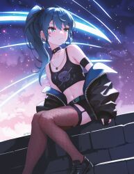 Rule 34 | 1girl, alternate costume, armband, black footwear, black gloves, black thighhighs, blue eyes, blue hair, blush, breasts, choker, cleavage, closed mouth, comet, commentary, cowboy shot, crop top, earrings, english commentary, fishnet thighhighs, fishnets, garter straps, gloves, highres, hololive, hoshimachi suisei, jacket, jewelry, light particles, long hair, looking afar, midriff, navel, necklace, night, off shoulder, open clothes, open jacket, partially fingerless gloves, ponytail, saturn (planet), shirt, sitting, sk jynx, sky, sleeveless, sleeveless shirt, small breasts, solo, star (sky), star (symbol), star choker, star necklace, star tattoo, starry sky, tattoo, thighhighs