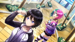 Rule 34 | 2girls, black hair, black shorts, blunt bangs, bob cut, breasts, copyright notice, dolphin wave, dutch angle, game cg, green hair, helly lewis, highres, hood, hooded sweater, large breasts, multicolored hair, multiple girls, official art, open mouth, pink hair, purple eyes, short hair, shorts, striped clothes, striped thighhighs, suminoe shion, sweater, thighhighs, two-tone hair, yellow eyes