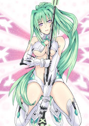 Rule 34 | 10s, 1girl, bare shoulders, boots, breast press, breasts, cleavage, female focus, gauntlets, green hair, green heart (neptunia), highres, honke ganso, lance, large breasts, long hair, neptune (series), open mouth, polearm, ponytail, purple eyes, solo, thigh boots, thighhighs, underboob, vert (neptunia), very long hair, weapon
