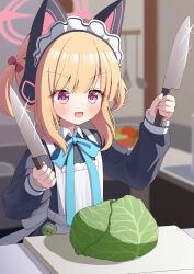 Rule 34 | 1girl, animal ear headphones, animal ears, apron, aqua ribbon, azel (laevateinn495), blue archive, blush, bow, cabbage, commentary request, countdown timer, cutting board, dual wielding, fake animal ears, food, hair bow, halo, headphones, highres, holding, holding knife, kitchen, kitchen knife, knife, long sleeves, maid, maid apron, maid headdress, momoi (blue archive), momoi (maid) (blue archive), neck ribbon, official alternate costume, open mouth, pink eyes, pink halo, ribbon, short hair, smile, solo, vegetable, white apron