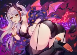 Rule 34 | 1girl, ass, azur lane, bare shoulders, bat (animal), black footwear, boots, bracelet, breasts, choker, commentary, demon horns, demon tail, floating hair, from behind, garter straps, hair between eyes, halloween, happy halloween, high heel boots, high heels, highres, horns, jacket, jewelry, large breasts, long hair, long sleeves, looking at viewer, maitei roppa, multicolored hair, nail polish, open clothes, open jacket, parted bangs, partially visible vulva, prinz eugen (azur lane), red nails, solo, streaked hair, tail, thigh boots, two side up