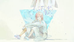 Rule 34 | 1girl, arm rest, asymmetrical footwear, blue footwear, braid, bright pupils, closed mouth, commentary request, dress, expressionless, falling petals, flower, full body, grey eyes, hand in own hair, highres, kaf (kamitsubaki studio), kamitsubaki studio, knees up, lavender (flower), long hair, long sleeves, looking at viewer, mismatched footwear, multicolored eyes, petals, pink hair, purple flower, purple footwear, shoes, sitting, smile, sneakers, solo, twin braids, virtual youtuber, white dress, white footwear, white pupils, yori (f2 ef7)