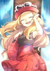 Rule 34 | 1girl, :d, blonde hair, blurry, blurry background, closed eyes, commentary, creatures (company), eyelashes, eyewear on headwear, game freak, happy, hat, holding strap, long hair, nintendo, open mouth, pink bag, pleated skirt, pokemon, pokemon xy, red skirt, serena (pokemon), shirt, skirt, sleeveless, sleeveless shirt, smile, solo, sunglasses, teeth, upper teeth only, yomogi (black-elf)