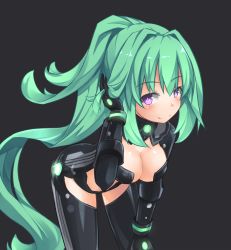 Rule 34 | 10s, 1girl, blush, breasts, cleavage, green hair, green heart (neptunia), himajin (starmine), large breasts, leaning forward, long hair, looking at viewer, neptune (series), ponytail, power symbol, power symbol-shaped pupils, purple eyes, smile, solo, symbol-shaped pupils, vert (neptunia), very long hair