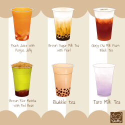 Rule 34 | artist logo, artist name, brown background, bubble tea, cup, disposable cup, drink, english text, food focus, food name, gelatin, juice, matcha (food), no humans, original, signature, still life, striped, striped background, yuki00yo
