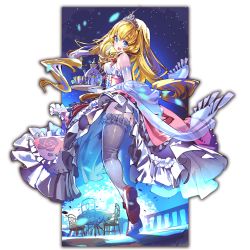 Rule 34 | 10s, 1girl, blonde hair, blue eyes, blush, chair, cup, dress, elbow gloves, frilled thighhighs, frills, full body, garter straps, gloves, holding, holding tray, last period, long hair, official art, open mouth, sky, solo, standing, star (sky), starry sky, table, teacup, teapot, thighhighs, tiara, tray, white gloves, white thighhighs