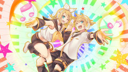 Rule 34 | 1boy, 1girl, blonde hair, brother and sister, holding hands, hetero, highres, kagamine len, kagamine rin, setora, short hair, siblings, twins, vocaloid, wink
