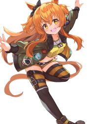 Rule 34 | 1girl, animal ears, belt, bomber jacket, commentary request, crop top, dog tags, foot out of frame, green jacket, hand on own hip, highres, horse ears, horse girl, iam (tetsu0ekaki), jacket, long hair, long sleeves, looking at viewer, mayano top gun (umamusume), midriff, navel, one eye closed, open clothes, open jacket, open mouth, orange eyes, orange hair, pointing, pointing at self, simple background, smile, solo, standing, standing on one leg, two side up, umamusume, upper body, white background