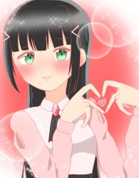 Rule 34 | 1girl, aqua eyes, artist name, artist request, beamed quavers, black hair, black neckwear, blunt bangs, breasts, close-up, closed eyes, clothing cutout, collared dress, dress, female focus, green eyes, hair ornament, hairclip, heart, heart hands, highres, kurosawa dia, long hair, looking at viewer, love live!, love live! sunshine!!, mole, mole under mouth, pink background, pink sleeves, quaver, shoulder cutout, small breasts, solo, sparkle, upper body, white dress