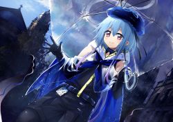 Rule 34 | 1boy, arknights, black gloves, black pantyhose, black shirt, black shorts, blue hair, blue hat, blue neckwear, blue sky, blush, building, closed mouth, commentary request, day, elbow gloves, feet out of frame, gloves, gradient hair, hair between eyes, hat, highres, long hair, looking at viewer, male focus, mizuki (arknights), mizunashi (second run), multicolored hair, outdoors, pantyhose, pantyhose under shorts, purple hair, rain, red eyes, see-through, shirt, shorts, sky, smile, solo