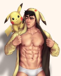 Rule 34 | 1boy, abs, bara, bare pectorals, black hair, briefs, cosplay, creatures (company), earrings, game freak, gen 1 pokemon, hood, hood up, hooded shirt, jewelry, large pectorals, looking to the side, male focus, male underwear, muscular, muscular male, navel, nerdyart1, nintendo, nipples, on shoulder, open clothes, open shirt, original, parted lips, pectorals, pikachu, pikachu (cosplay), pikachu hood, pokemon, pokemon (creature), pokemon on shoulder, shirt, short hair, simple background, thick eyebrows, underwear, white male underwear, yellow shirt