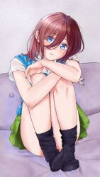 Rule 34 | 1girl, absurdres, alternate hair length, alternate hairstyle, black socks, blue eyes, blue nails, blush, brown hair, closed mouth, commentary, convenient leg, couch, crossed arms, expressionless, eyelashes, eyes visible through hair, full body, go-toubun no hanayome, green skirt, hair between eyes, hair over one eye, head tilt, highres, hugging own legs, indoors, knees up, legs, looking at viewer, medium hair, miniskirt, nail polish, nakano miku, no shoes, on couch, pleated skirt, school uniform, shirt, short sleeves, sitting, skirt, socks, thighs, tsubomi hanami, white shirt