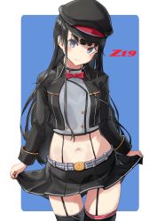 Rule 34 | 1girl, absurdres, azur lane, black hair, black jacket, black skirt, black thighhighs, blue background, blue eyes, blunt bangs, blush, bow, bowtie, breasts, buttons, character name, closed mouth, clothes lift, commentary request, cowboy shot, crop top, cross, double-breasted, garter straps, grey shirt, groin, hat, highres, hime cut, iron cross, jacket, long hair, long sleeves, looking at viewer, midriff, navel, open clothes, open jacket, peaked cap, pleated skirt, red bow, red bowtie, sankyo (821-scoville), shirt, sidelocks, simple background, skindentation, skirt, skirt lift, small breasts, smile, solo, standing, thigh gap, thighhighs, z19 hermann kunne (azur lane), zettai ryouiki