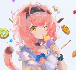 Rule 34 | 1girl, ;p, ahoge, animal ears, arknights, black collar, black hairband, black wristband, blue bow, bow, braid, candy, cat ears, cat girl, cat tail, clothes writing, collar, collarbone, commentary, cookie, doughnut, dress, english text, floppy ears, food, goldenglow (arknights), hairband, hand up, highres, holding food, holding ice cream, ice cream, ice cream cone, infection monitor (arknights), lollipop, long hair, looking at viewer, one eye closed, pink hair, simple background, solo, spacelongcat, tail, tongue, tongue out, white background, white dress, yellow eyes