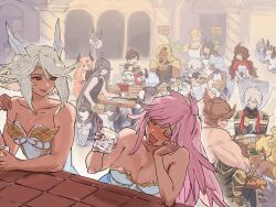Rule 34 | 6+boys, 6+girls, :d, absurdly long hair, alcohol, alternate costume, angel, architecture, armor, azazel (shingeki no bahamut), azrael (granblue fantasy), beelzebub (granblue fantasy), belial (granblue fantasy), black hair, black ribbon, blonde hair, blue eyes, blush, breasts, brick, brown hair, cherub, chewing, cleavage, cleavage cutout, closed eyes, clothing cutout, commentary, cup, dark-skinned female, dark-skinned male, dark angel olivia, dark skin, dress, drooling, drunk, dumpling, elbows on table, english commentary, everyone, fallen angel, feathered wings, feathers, food, full-face blush, furrowed brow, gabriel (granblue fantasy), granblue fantasy, greco-roman architecture, grey hair, grin, hair between eyes, hair over one eye, halluel (granblue fantasy), hand around neck, head wings, helel ben sahar (granblue fantasy), helel ben shalem, hiding, highres, holding, holding cup, horns, israfel (granblue fantasy), large breasts, light frown, light smile, long hair, looking at another, looking down, low twintails, lucifer (shingeki no bahamut), lucilius (granblue fantasy), malluel (granblue fantasy), medium breasts, medium hair, messy hair, michael (granblue fantasy), military uniform, mole, mole on breast, multiple boys, multiple girls, muscular, muscular male, open mouth, orange eyes, orange hair, peeking out, pink hair, pouring, raphael (granblue fantasy), red eyes, ribbon, robe, sandalphon (granblue fantasy), sariel (granblue fantasy), shingeki no bahamut, shirt, short hair, shoulder armor, sidelocks, sitting, sleeveless, sleeveless shirt, smile, spiked hair, standing, sweatdrop, table, tan, twintails, unamused, uniform, uriel (granblue fantasy), very long hair, wahoosandalphon, wavy hair, white dress, white hair, wine, wings