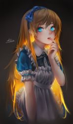 Rule 34 | 1girl, alice (alice in wonderland), alice in wonderland, apron, backlighting, bad id, bad pixiv id, blonde hair, blue dress, blue eyes, bow, character name, dress, finger to mouth, glowing, glowing hair, hair bow, hairband, long hair, open mouth, pink lips, ryota (ry o ta), simple background, solo, straight hair, upper body, very long hair