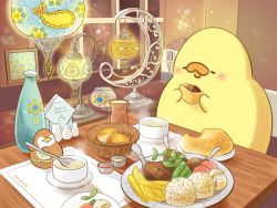 Rule 34 | absurdres, animal focus, artist name, basket, bird, blush, bread, chick, commentary request, cooking, cup, eurasian tree sparrow, closed eyes, food, food focus, foodieg, french fries, highres, holding, holding spoon, indoors, lamp, napkin, no humans, original, parsley, plate, rice, shadow, shrimp, shrimp tempura, soup, sparrow, spoon, steak, steam, table, tempura, window