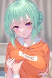 Rule 34 | 1boy, 1girl, absurdres, blush, breasts, casual, closed mouth, clothes writing, commentary request, eyelashes, eyes visible through hair, fumimaru, grabbing, grabbing another&#039;s breast, grabbing own breast, green hair, hair between eyes, hair bun, happy, head tilt, hetero, highres, hood, hood down, hoodie, indoors, large breasts, lips, looking at viewer, medium hair, orange hoodie, pov, pov hands, purple eyes, sidelocks, single hair bun, smile, solo focus, takadate orie, tenshi souzou re-boot!, upper body