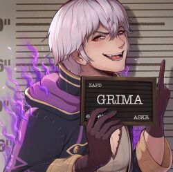 Rule 34 | 1boy, aura, barbie (franchise), barbie (live action), barbie mugshot (meme), brown gloves, character name, dark aura, english text, evomanaphy, fangs, fire emblem, fire emblem awakening, fire emblem heroes, gloves, grima (fire emblem), hair between eyes, height chart, height mark, highres, holding, holding sign, hood, hood down, looking at viewer, male focus, meme, middle finger, mugshot, nintendo, open mouth, red eyes, robin (fire emblem), robin (male) (fire emblem), shadow, short hair, sideways glance, sign, slit pupils, solo, teeth, tongue, upper body