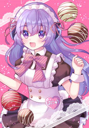 Rule 34 | 1girl, absurdres, apron, blush, bow, bowtie, buttons, chocolate, clenched hand, commentary, cowboy shot, ei (user pkrs2343), frilled apron, frilled neckwear, frilled skirt, frills, hanyuu, highres, higurashi no naku koro ni, horns, huge filesize, lace, long hair, maid, maid headdress, name tag, open mouth, pink background, pink bow, pink bowtie, puffy short sleeves, puffy sleeves, purple eyes, purple hair, short sleeves, simple background, skirt, solo, striped bow, striped bowtie, striped clothes, striped neckwear, translated, white apron, wrist cuffs