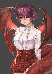 Rule 34 | 1girl, ahoge, black background, center frills, claws, crying, dragon girl, dragon horns, dragon tail, dragon wings, frills, granblue fantasy, grea (shingeki no bahamut), hair between eyes, highres, horns, kagurachi, manaria friends, pointy ears, purple hair, red eyes, red skirt, sad, scales, school uniform, shadowverse, shingeki no bahamut, shirt, shirt tucked in, short hair, signature, simple background, skirt, slit pupils, solo, spikes, tail, tears, torn clothes, torn shirt, white shirt, wings