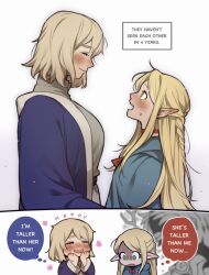 Rule 34 | 2girls, blonde hair, blue capelet, blue robe, blush, braid, breasts, capelet, choker, closed eyes, closed mouth, commentary request, couple, dcon 34, dungeon meshi, elf, falin touden, falin touden (tallman), green eyes, highres, hood, long hair, long sleeves, marcille donato, multiple girls, nose blush, open mouth, pointy ears, robe, shirt, short hair, simple background, smile, white background, yuri