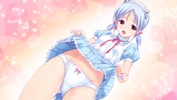 Rule 34 | 1girl, blue hair, blush, bow, bow panties, clean one (tropical vacation), clothes lift, dress, dress lift, game cg, highres, koutaro, lingerie, looking at viewer, open mouth, panties, red eyes, short hair, smile, solo, tropical vacation, twinkle soft, twintails, underwear, white panties